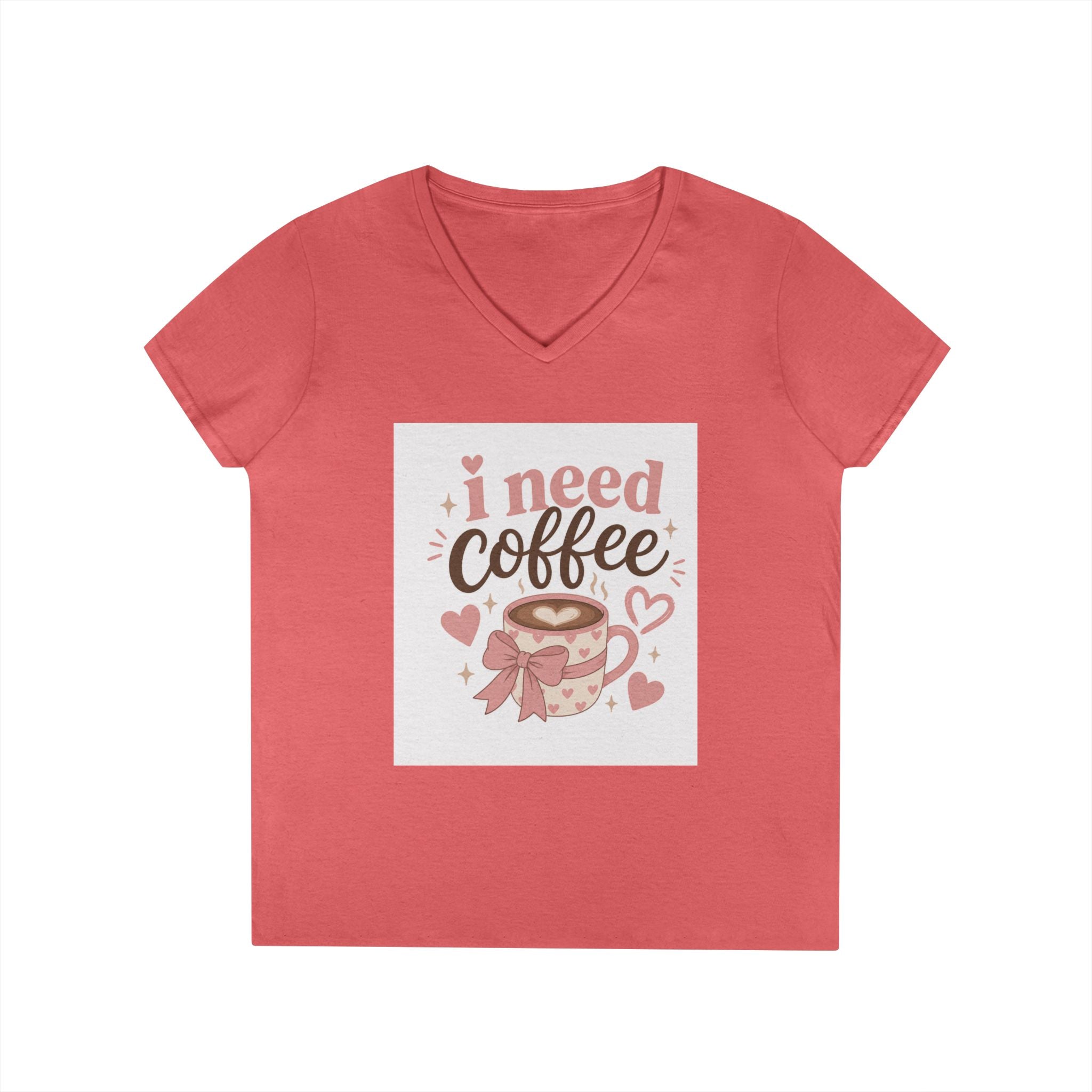 I Need Coffee Ladies' V-Neck T-Shirt — Cute Pink Coffee Cup Graphic Tee