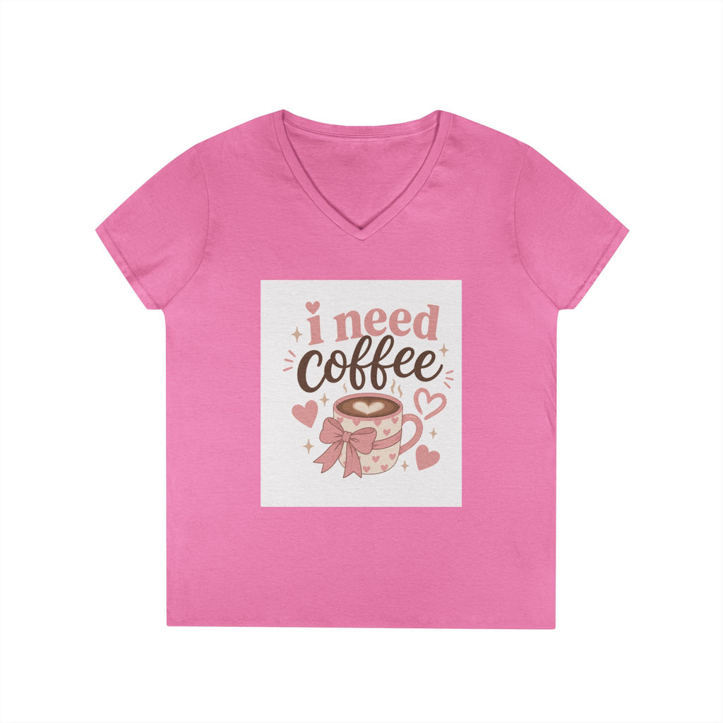 I Need Coffee Ladies' V-Neck T-Shirt — Cute Pink Coffee Cup Graphic Tee