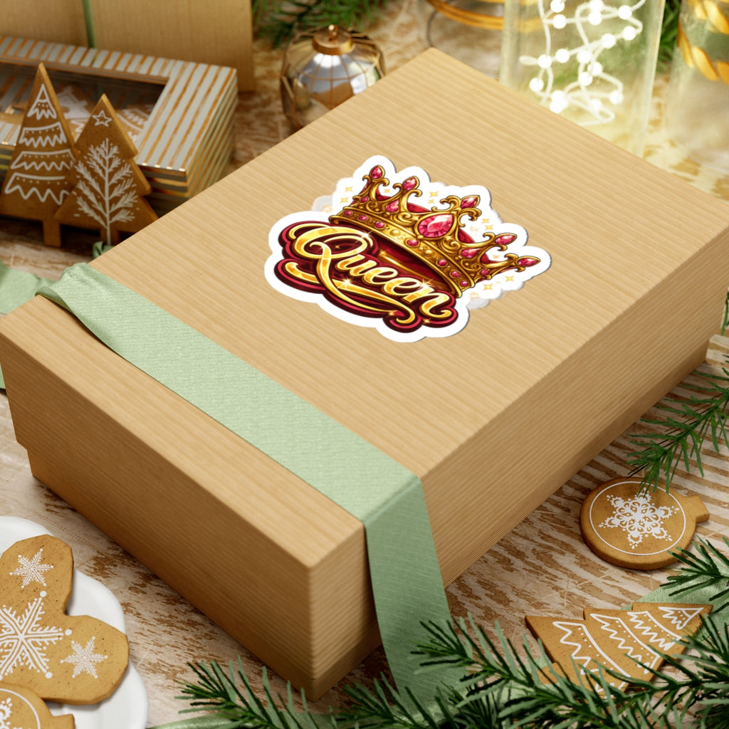 Queen Crown Sticker — Glittery Royal Script Kiss-Cut Decal