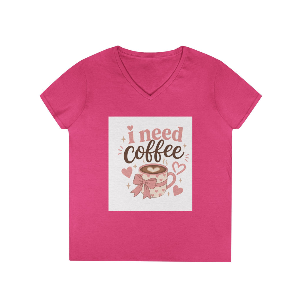 I Need Coffee Ladies' V-Neck T-Shirt — Cute Pink Coffee Cup Graphic Tee