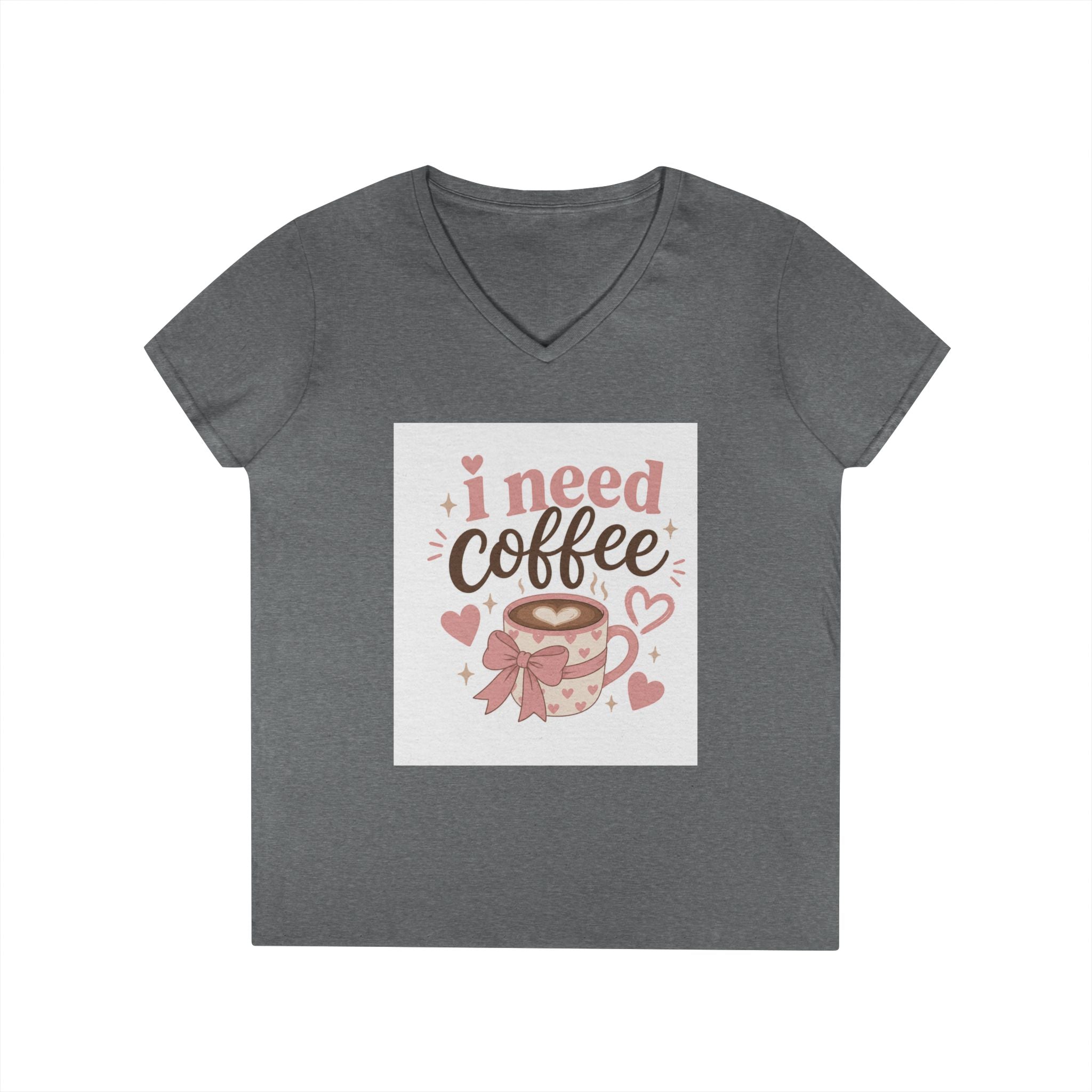 I Need Coffee Ladies' V-Neck T-Shirt — Cute Pink Coffee Cup Graphic Tee