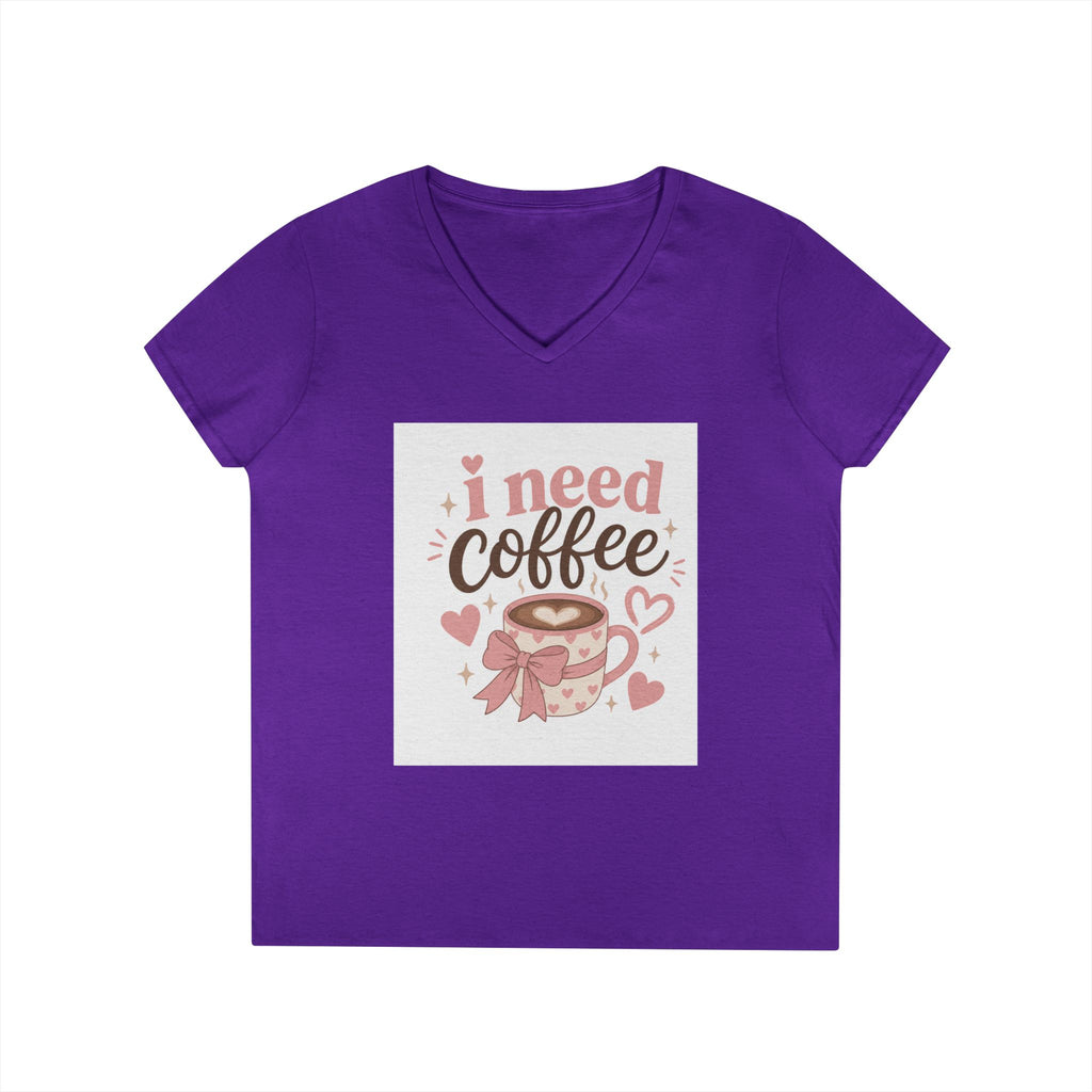 I Need Coffee Ladies' V-Neck T-Shirt — Cute Pink Coffee Cup Graphic Tee