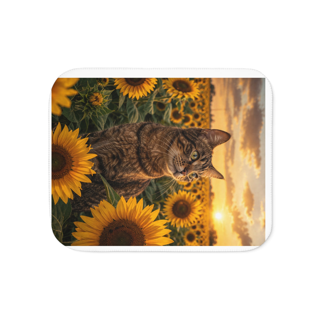 Sunflower Sunset Cat Sherpa Blanket - Cozy Plush Throw for Cat Lovers