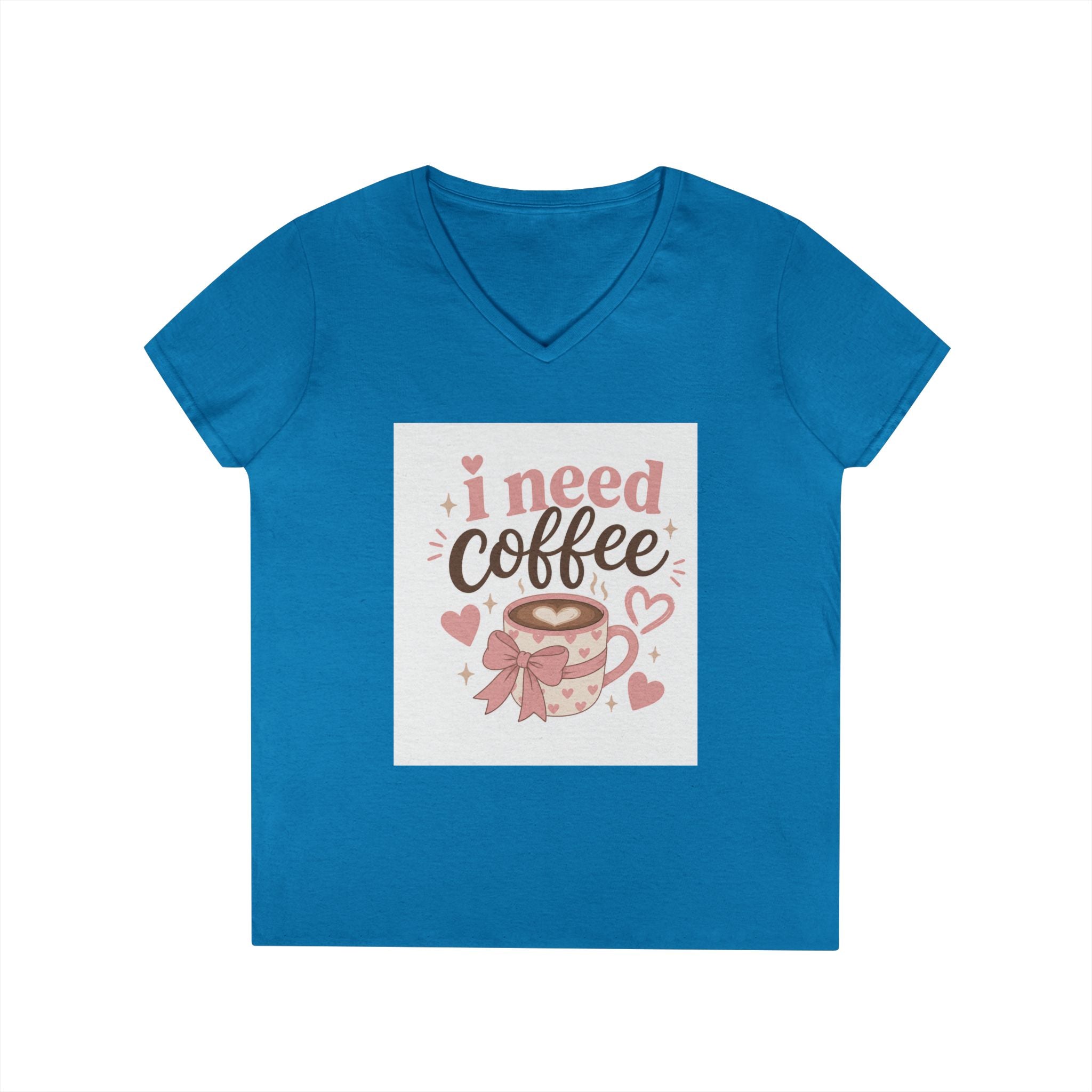 I Need Coffee Ladies' V-Neck T-Shirt — Cute Pink Coffee Cup Graphic Tee