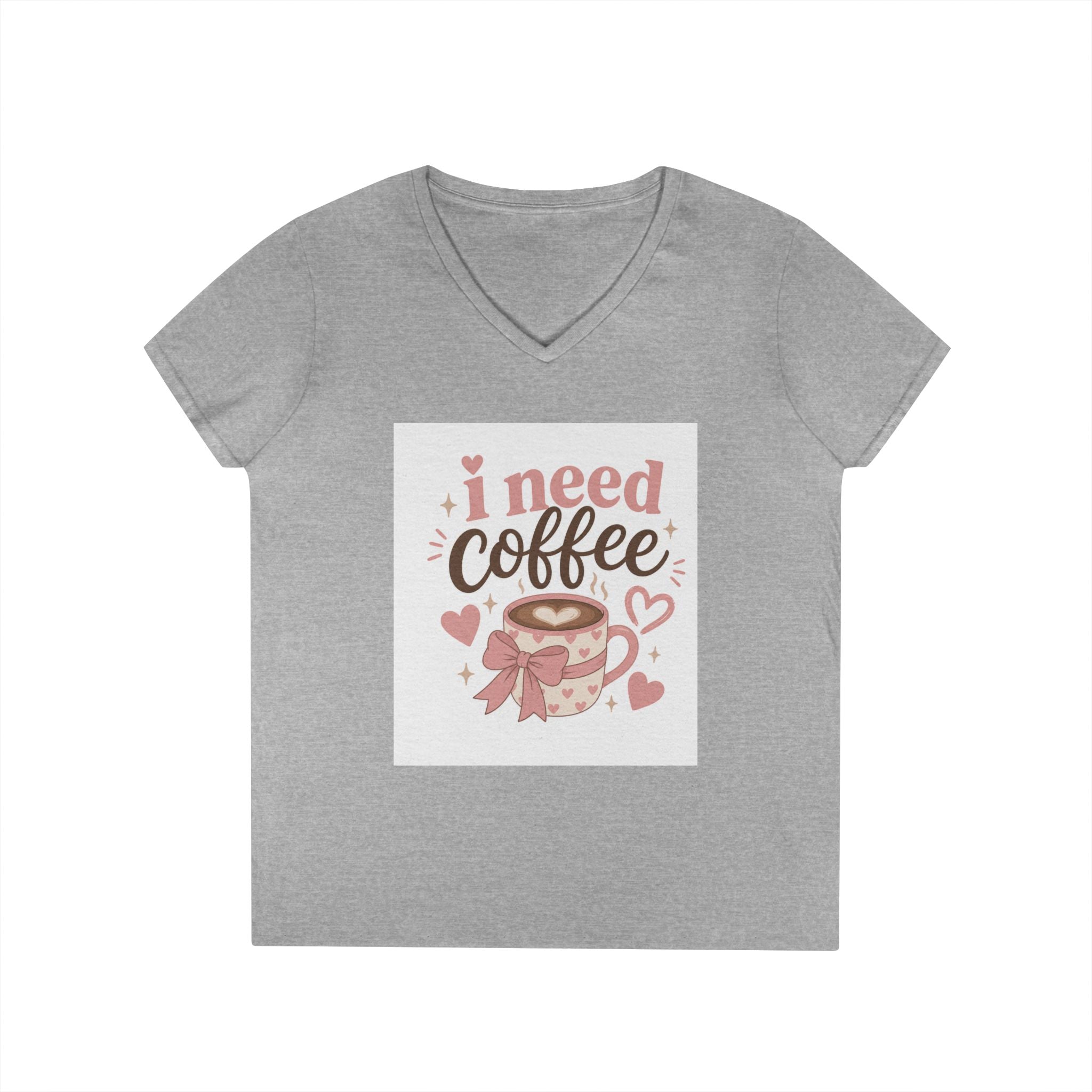 I Need Coffee Ladies' V-Neck T-Shirt — Cute Pink Coffee Cup Graphic Tee