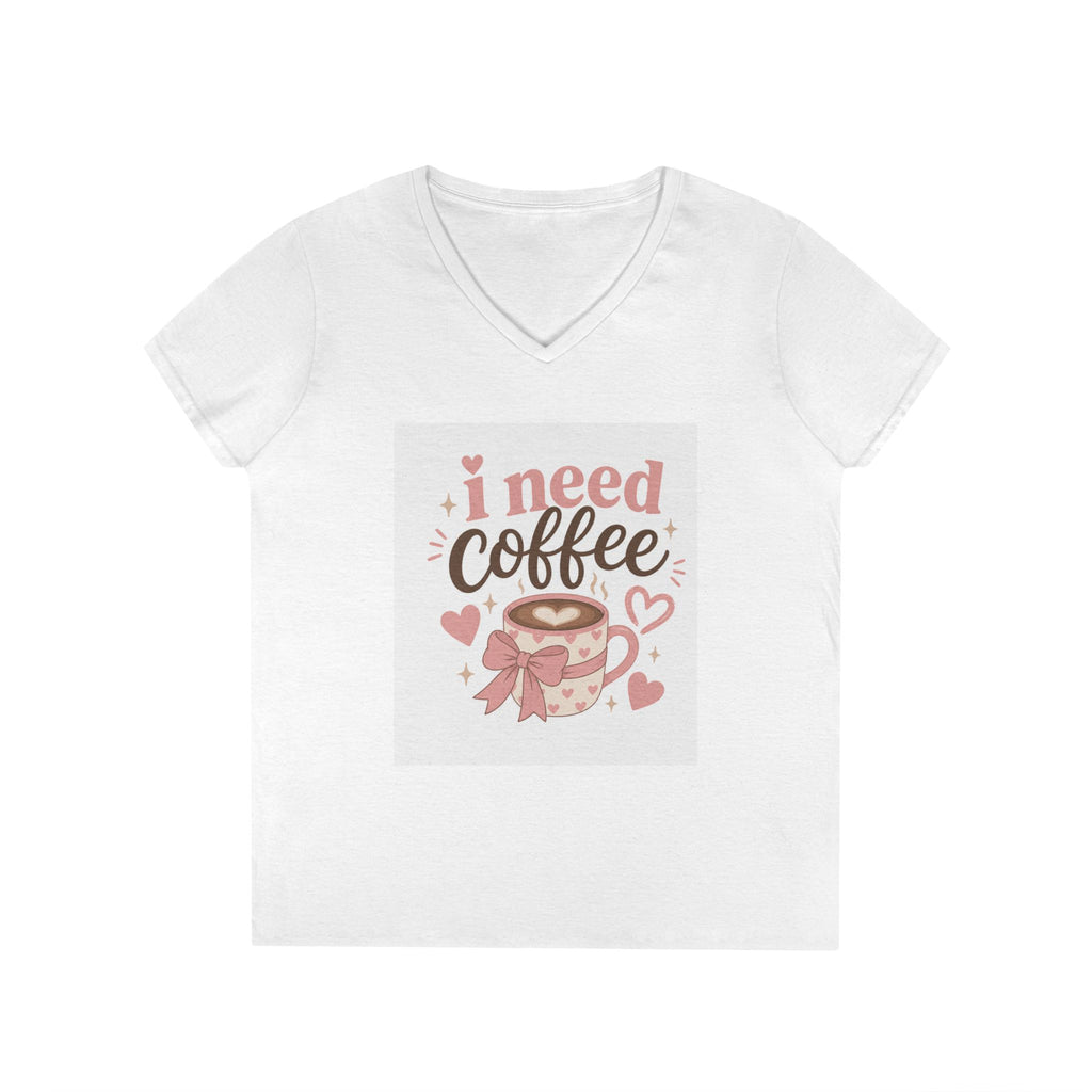 I Need Coffee Ladies' V-Neck T-Shirt — Cute Pink Coffee Cup Graphic Tee