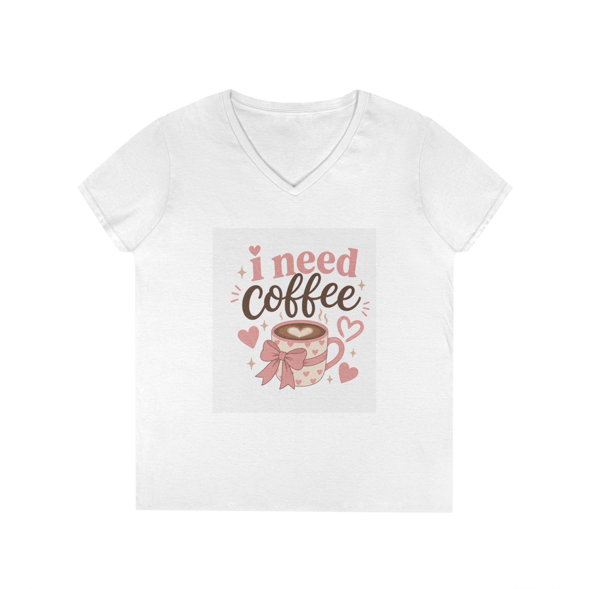 I Need Coffee Ladies' V-Neck T-Shirt — Cute Pink Coffee Cup Graphic Tee
