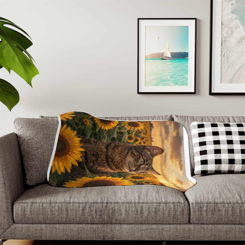Sunflower Sunset Cat Sherpa Blanket - Cozy Plush Throw for Cat Lovers