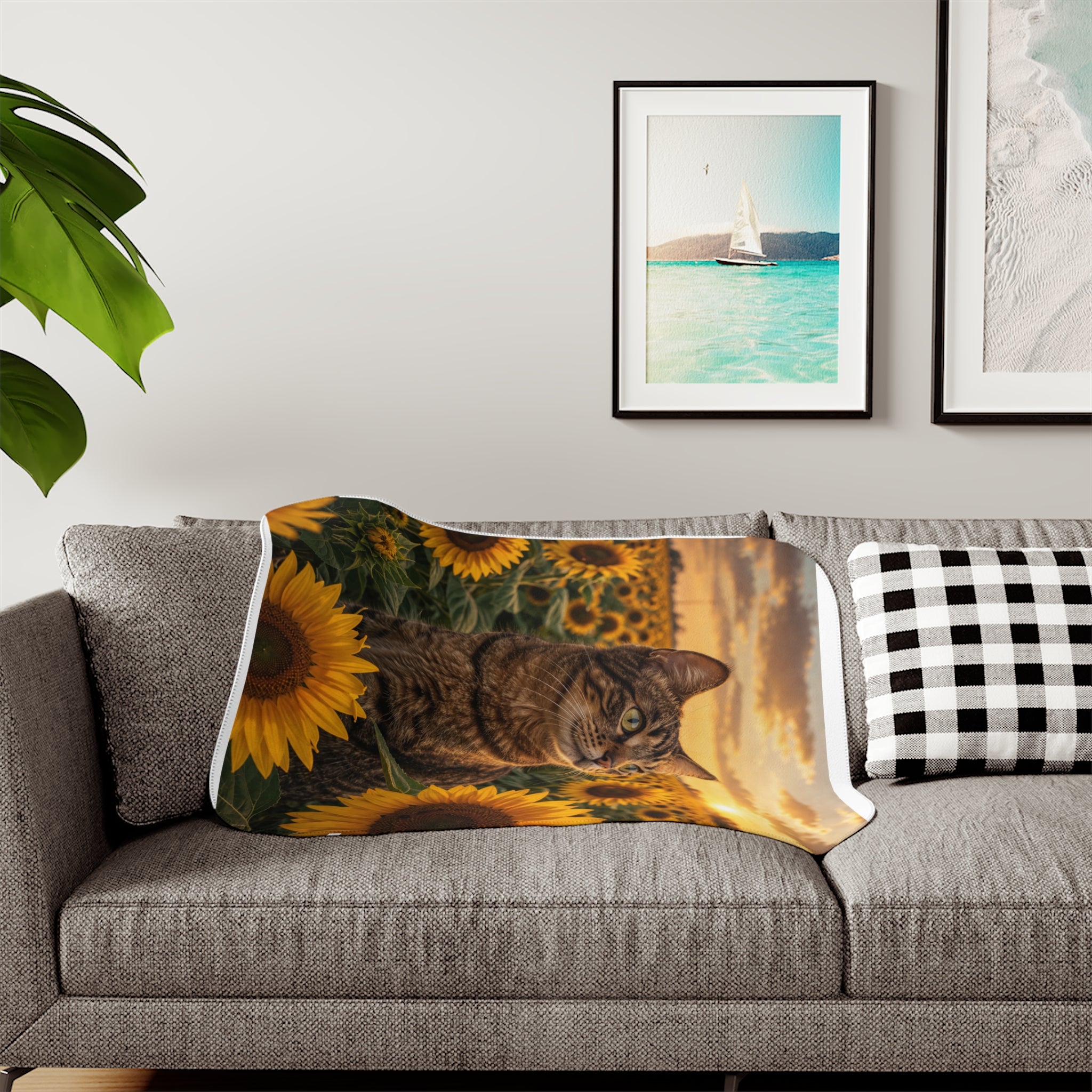 Sunflower Sunset Cat Sherpa Blanket - Cozy Plush Throw for Cat Lovers