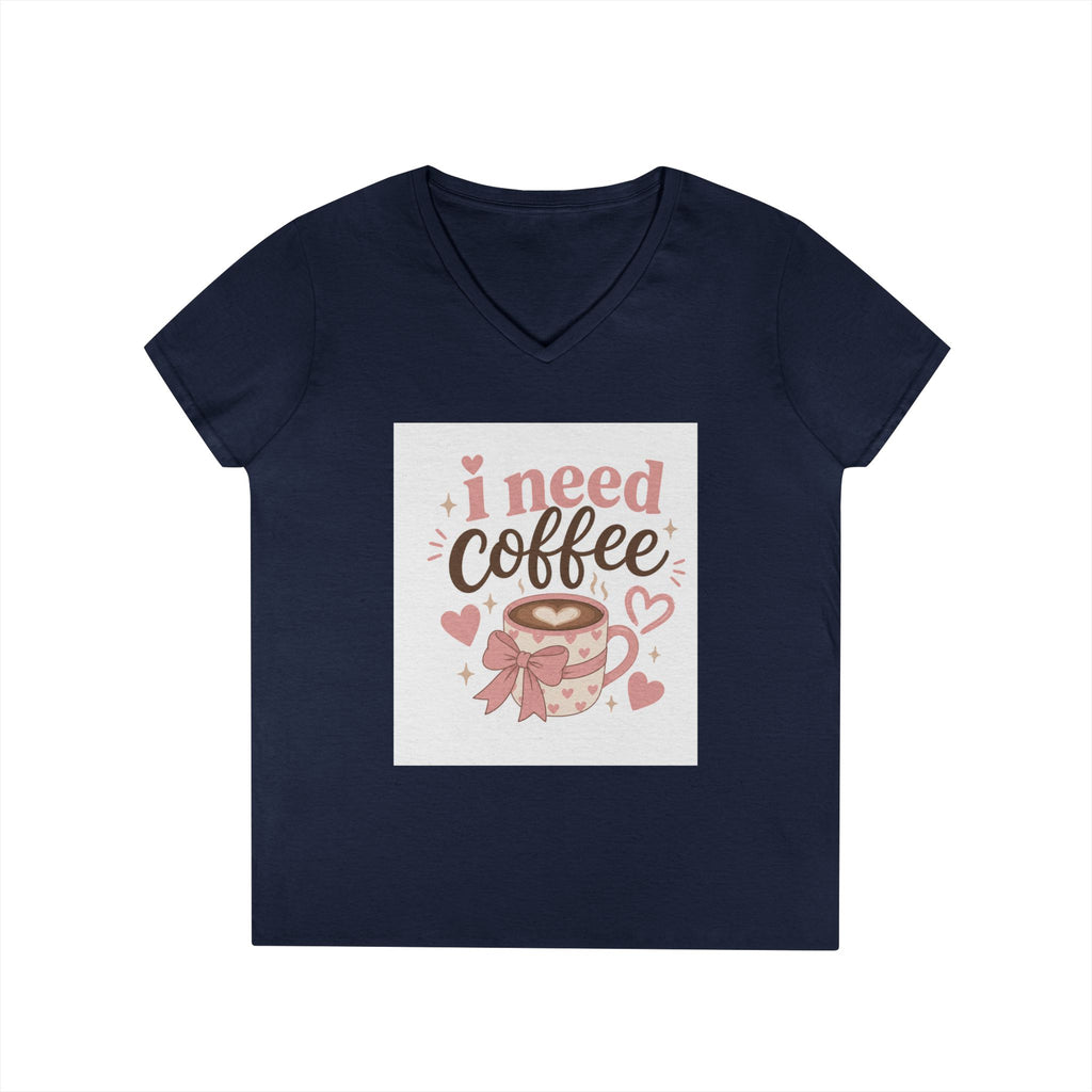 I Need Coffee Ladies' V-Neck T-Shirt — Cute Pink Coffee Cup Graphic Tee