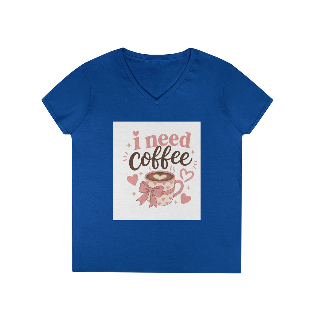 I Need Coffee Ladies' V-Neck T-Shirt — Cute Pink Coffee Cup Graphic Tee