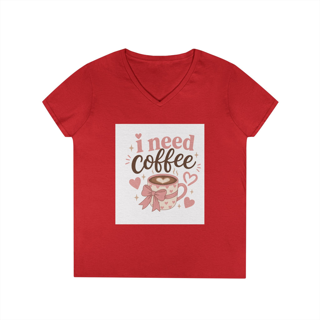 I Need Coffee Ladies' V-Neck T-Shirt — Cute Pink Coffee Cup Graphic Tee