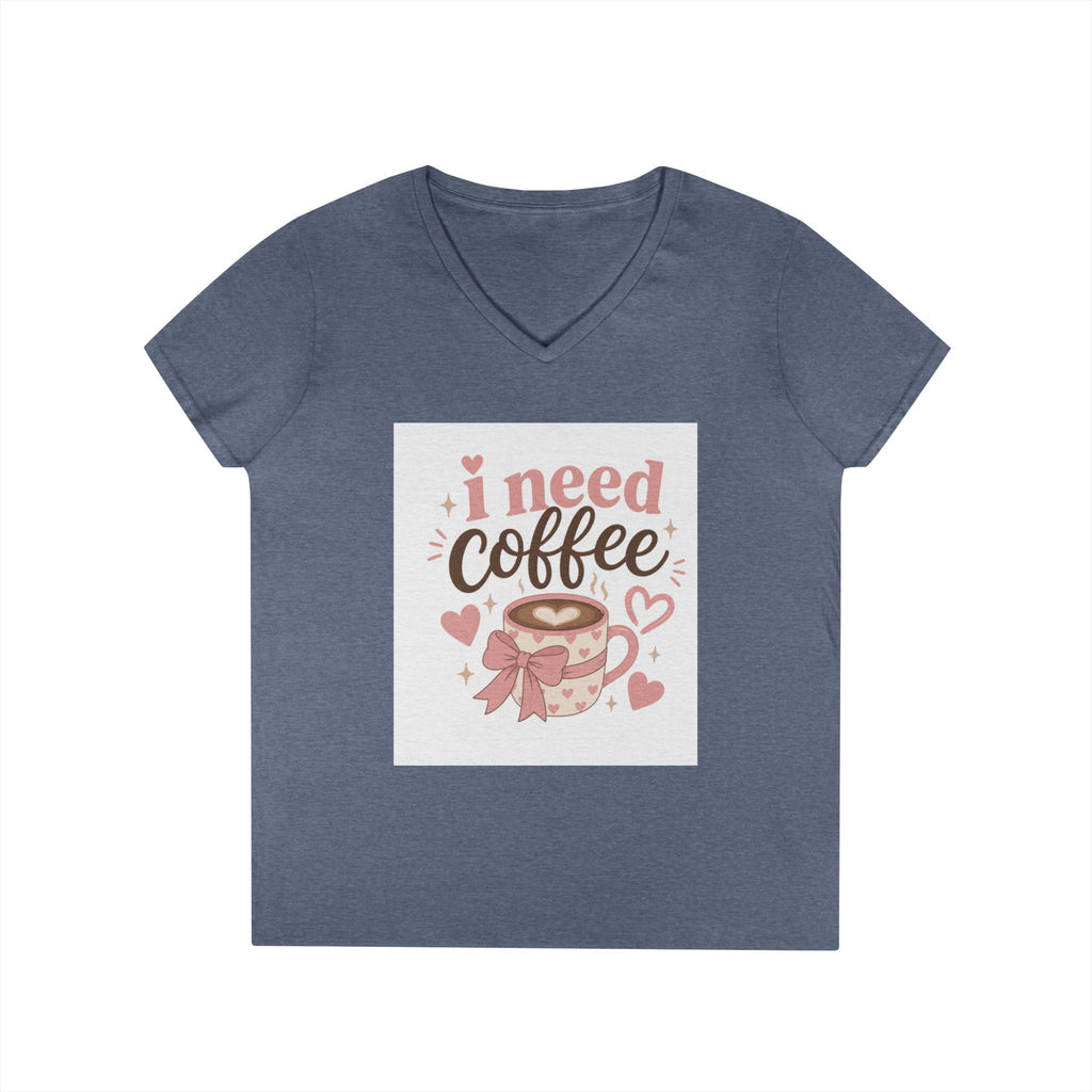 I Need Coffee Ladies' V-Neck T-Shirt — Cute Pink Coffee Cup Graphic Tee
